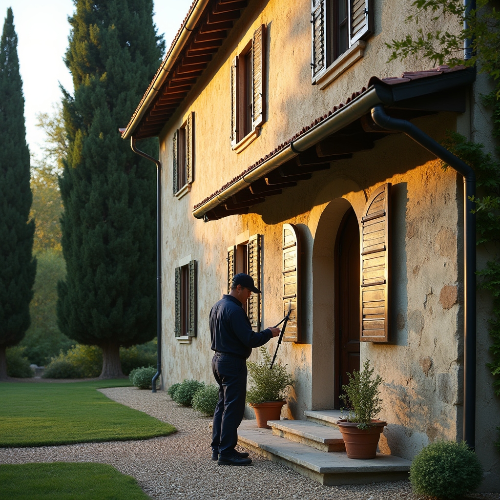 Grondaie in rame su villa storica toscana durante pulizia professionale